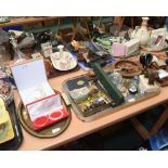 Two trays inc. vintage slide rule, quill stands, paperweights, nutcracker, penknife etc
