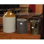 A tin cooking pot, a brass watering can and a stoneware jar (3)