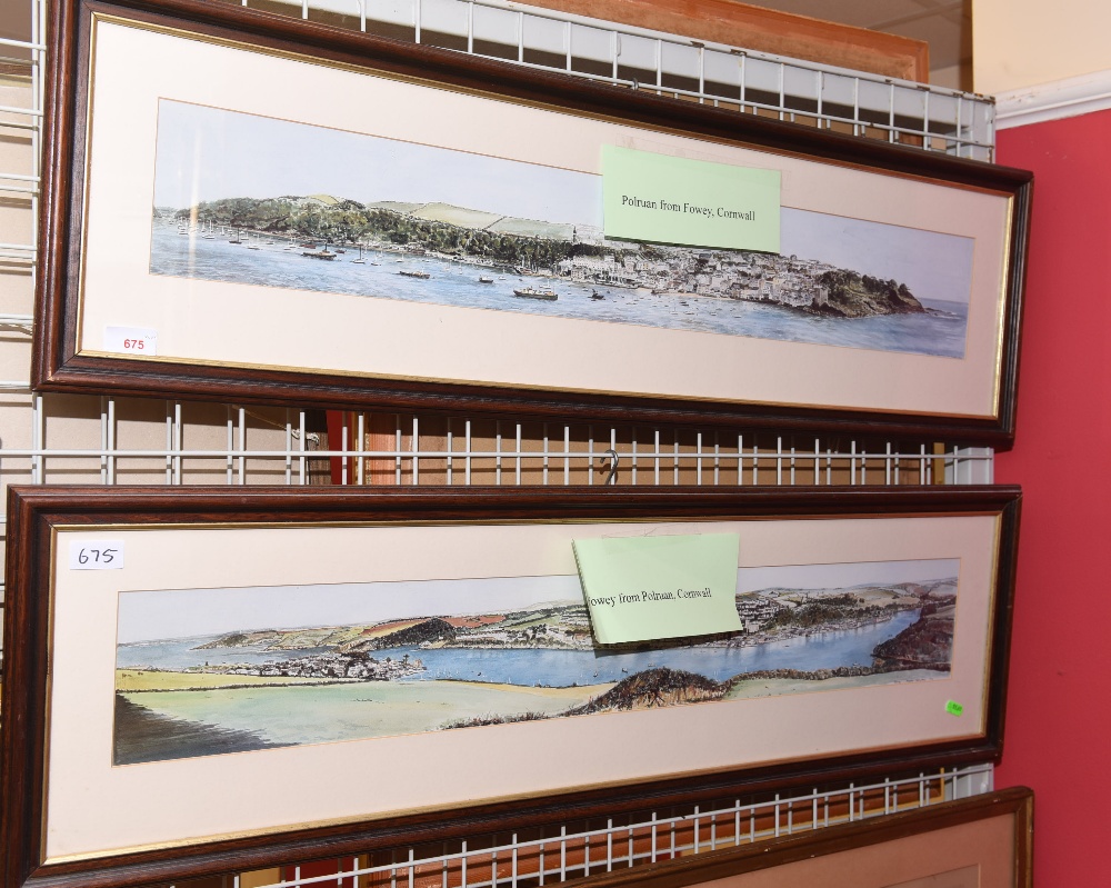 Malcolm Cameron, Old Harbour, pen, ink and gouache, framed together with two coloured prints by P.