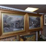 A pair of watercolours, Bridge Scenes, in gilt frames