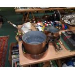 A group of large 19th Century iron handled heavy copper pans. (7)