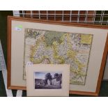 A reproduction map, framed; tog. with a reproduction engraving and a print (3)