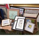 Two boxes of framed articles inc. alphabet samplers, prints after Fawcett, watercolour of a woodland