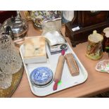 A tray inc. an Intrepid fishing reel, a Wade dish, child's rolling pin etc