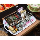 A tray inc. Dinky, Britains, Meccano and other playworn vehicles, gilt cufflinks, vintage Robertsons