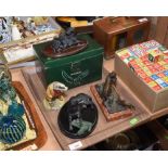 A tray of composition animal models inc. Teviotdale, labradors, badger, a spelter figure of a gun