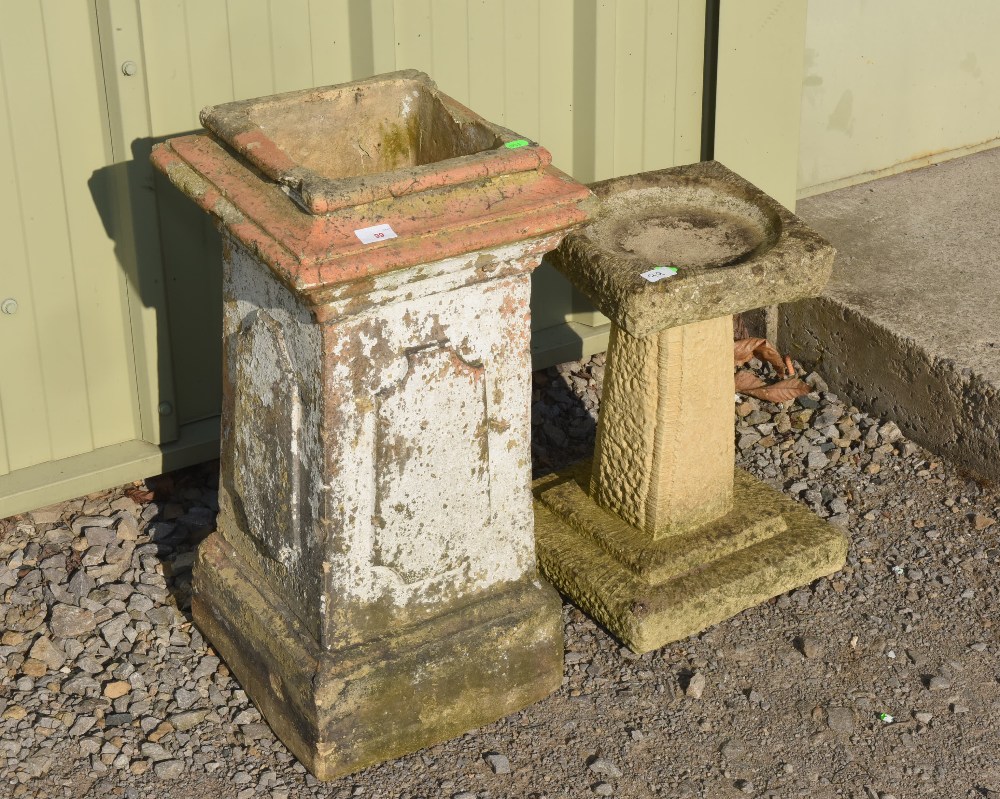 A composition bird bath; tog. with a chimney pot