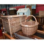 A wicker fishing creel; tog. with a wicker handled basket