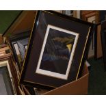 A box of framed articles inc. Guinness advertising mirror, engravings, limited ed. print etc