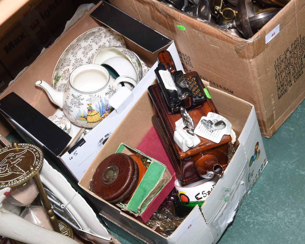 Two boxes inc, partial tea service, novelty teapot, surveyor's tape etc