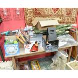 Six boxes of gardening books; tools; garden lanterns etc. tog. with pond liner underlay and three