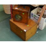 A fitted oak decanter/drinks case; tog. with a Belgian pigeon clock