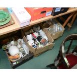 Three boxes of miscellaneous table and home wares inc. vases, plates, glass etc