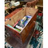 A stained pine blanket box and contents