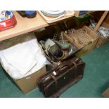 Three boxes inc. bed linens, wicker basket, vintage tennis rackets, partial hookah pipe, Edwardian
