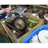 A box inc. a 1930s oak cased mantle clock, 1930s dressing table glass etc