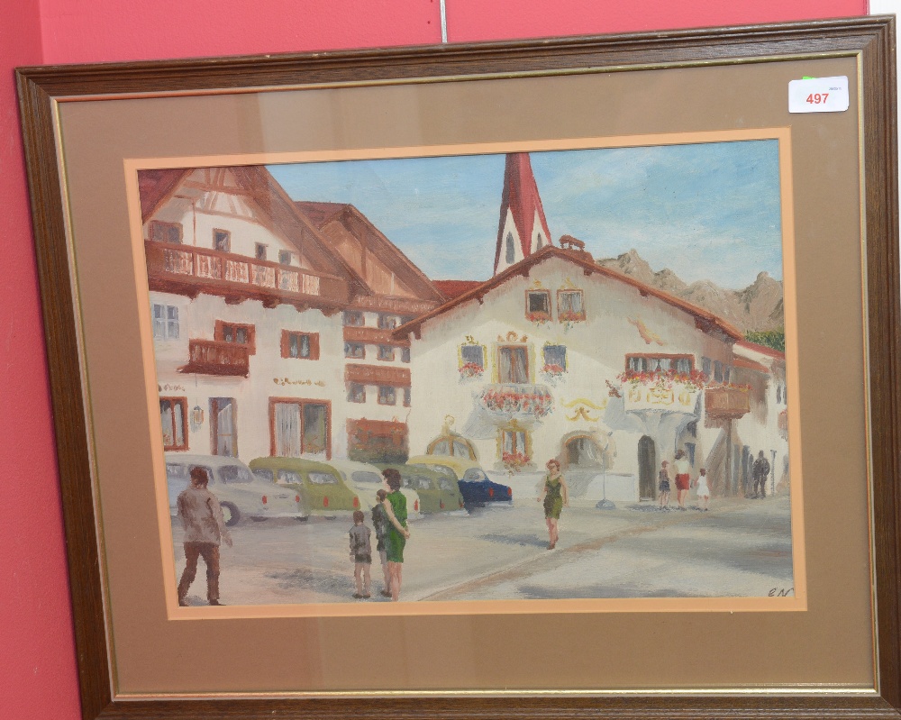 An oil of a street scene, signed with a monogram.