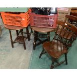 Two hammered copper topped pub tables; tog. with four oak chairs