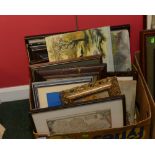 A box of framed articles inc. engraved map of Durham, oils, watercolours, prints etc