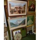 A 1970s oil on canvas alpine scene; tog. with an oil on canvas still life; two prints; a mirror