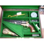 1851 colt percussion cap pistol in travelling box with powder flask/faux lead bullets, inert from