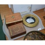 A tray comprising a brass bound wooden box, a brass inlaid wooden box and a miniature Regency