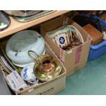 Two boxes inc. copper and brass, cabinet plates, marbled glass shades etc