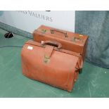 A vintage leather briefcase; tog. with a vintage leather suitcase
