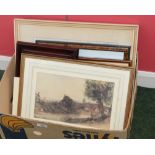 A group of framed articles inc. watercolours, 19th century and later prints etc