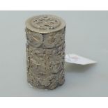 A Chinese silver covered box, of cylindrical form and applied with dragons and flaming pearls, 7cm