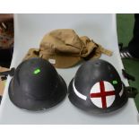 Two English helmets; tog. with a Russian hat