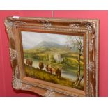 Attributed to W.J. Worthington (fl.1960), Highland Cattle Watering, oil on panel, in a gilt frame