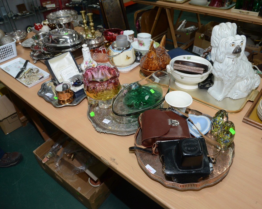 Three trays inc. cased glass, Caithness paperweight, pottery dog model, vintage camera and