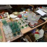 Three trays of glass inc. early 20th century and later cut glass vases and drinking glasses