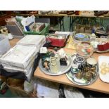 A group of collector plates; tog. with two trays inc. 1930s green glass table lighter, Old Tupton