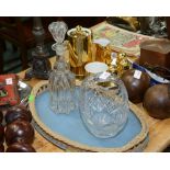 A lead crystal cut glass basket and bell-form decanter