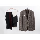 A group of gentleman's clothing including tweed jacket, white evening scarf, morning suit trousers