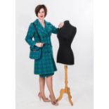 A Michael Atkinson geometric patterned wool overcoat, skirt and bag en suite