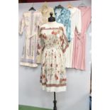 A group of six 1970's and 1980's dresses including lurex, leaf print dress with scarf sleeve etc (