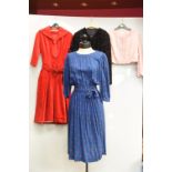 A group of 1980s clothing inc. a Guy Laroche blue and red belted polkadot dress, a Carnegie red