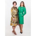 A 1960's  bold floral print dress and coat together with a 1970's Windsmoor emerald green dress