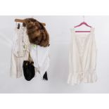 A group including Edwardian under garments, fur stole, 1920's velvet evening bag etc