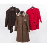 A vintage Eastex boucle overcoat with faux leopard collar together with two skirt suits