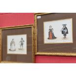 A pair of French coloured engravings of fashion prints, depicting courtiers in 17th century dress