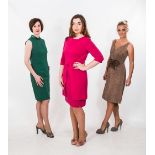 A group of three 1960's dresses including a pink bow front dress, a green sleeveless dress with