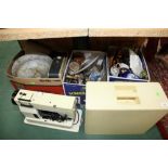 Three boxes inc. vintage radios, 1920s marbled glass shades, 19th century silver plate coffee pot,