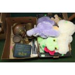 Two boxes inc. stuffed toys, copper, brass etc