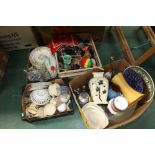 Four boxes of inc. maracas, brass miniatures, 19th century silver plate teapot, figural table