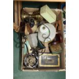 A box inc. oil lamps, wall lights, Deco style glass shade, strong box etc