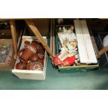 A box of painted terracotta table wares, tog. with a box of costume dolls